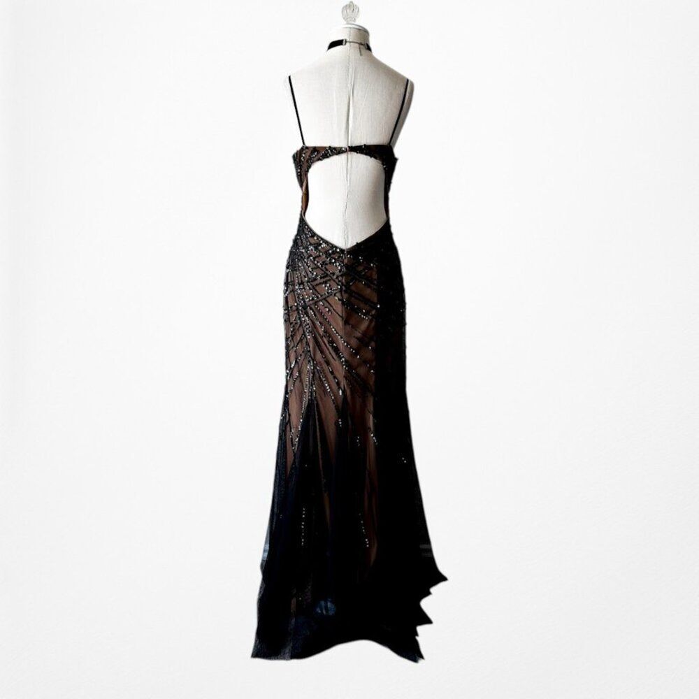 Vintage Y2K Brown Black Beaded Mesh Maxi Bodycon Side Slit Prom Dress Size M/L - Picture 12 of 13
